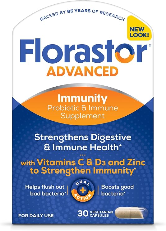 Florastor Advanced Immunity Probiotic, 30 Capsules | Daily Probiotic & Immune Support with Saccharomyces Boulardii Plus Zinc, Vitamin C & D3