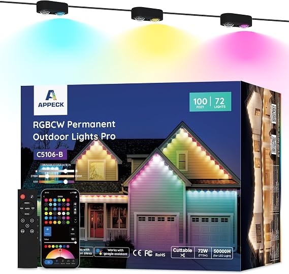 APPECK Permanent Outdoor Lights Pro, 100ft with 72 RGBCW Eaves Lights