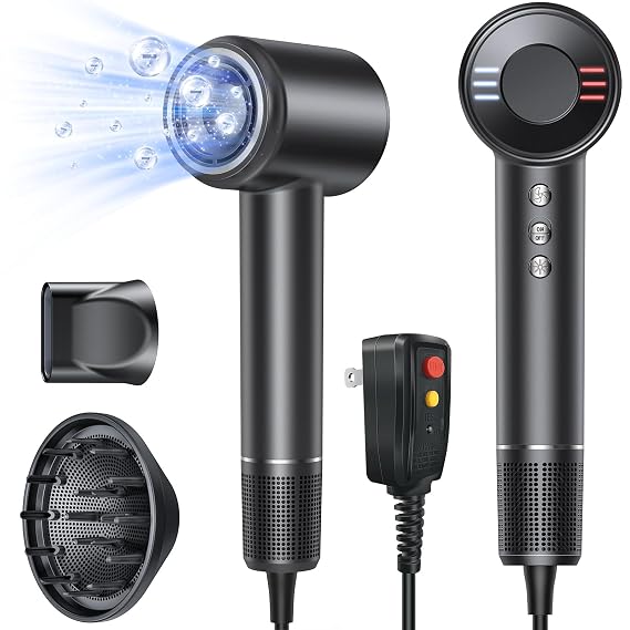 Bopcal Hair Dryer - 1-5 Mins Fast Drying Ionic Blow Dryer, 150,000RPM High-Speed, 500M Negative Ions Reduce 70% Frizz, Low Noise with Magnetic Diffuser & Nozzle, Home Travel Salon Use, Black