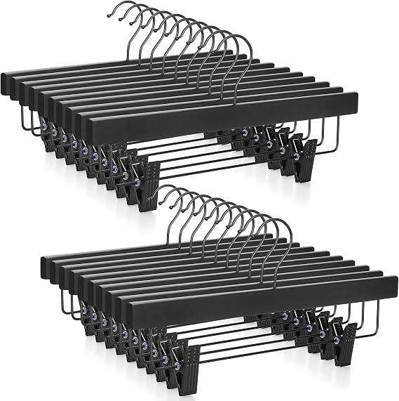 TOPIA HANGER Wooden Pants Hangers 20 Pack, Black Skirt Hanger with Clips and Rotatable Hook, Durable Rubber Wood Hangers for Skirts, Pants, Jeans, Shorts - CTS05B