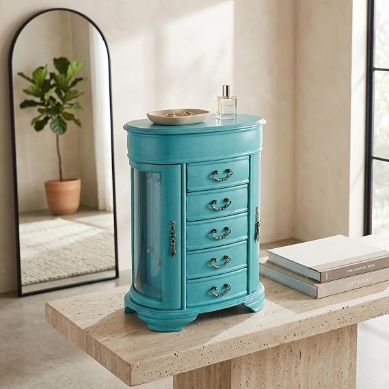 Hives & Honey Daphne Oval Glass Turquoise Jewelry Chest Jewelry Organizer Box Case Mirrored Storage