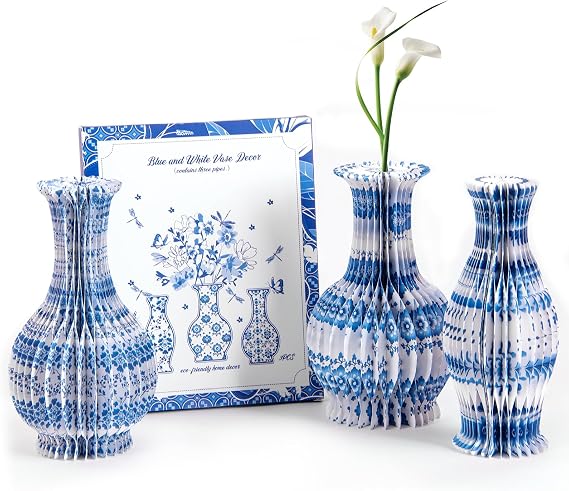 SUNBEAUTY 3 Pcs Blue and White Paper Honeycomb Vases, Mini Chinoiserie Vintage Paper Vase Set with Magnetic Closure, Chinese Style Table Centerpieces for Wedding,Baby Shower, Home & Party Decor
