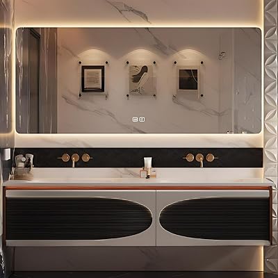 Double Sink Bathroom Vanity - Floating LED Smart Defogging Bathroom Mirror | Modern Bathroom Vanity Set with Sink and Countertop, 2 Drawers & Inductive Light Strip Mirror, 68IN