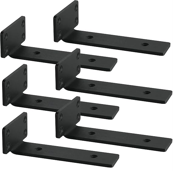 Floating Shelf Brackets, 6 Pcs of 8 inch Heavy Duty Industrial Shelf Bracket, Black Metal L Brackets for Shelves Support DIY(1/5 Inch Thicked)