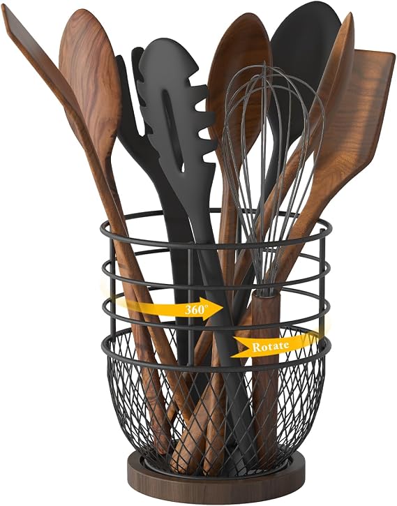 360 Rotating Utensil Holder, Iron Kitchen Organizer with Wooden Base | Smooth spinning, time-saving access; spacious compartment for diverse cookware; anti-slip solid support;effortless cleaning
