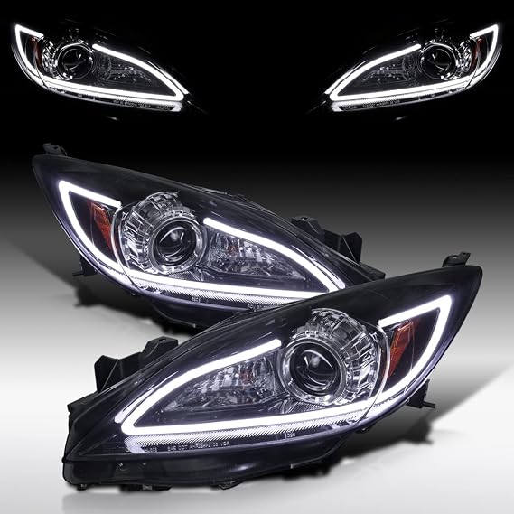 Autozensation Headlights For 2010-2013 Mazda 3 Black Left+Right | LED Strip, Glossy Black Smoke Projector Headlights