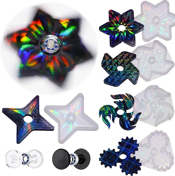 NiArt DIY Epoxy Resin Fidget Spinner Molds Set 5 Holographic Silicone Casting Molds with Rainbow Texture, 15 Bearings, 15 Pairs Plastic Caps & Organizer Box for Handmade Finger Toys & Craft Projects