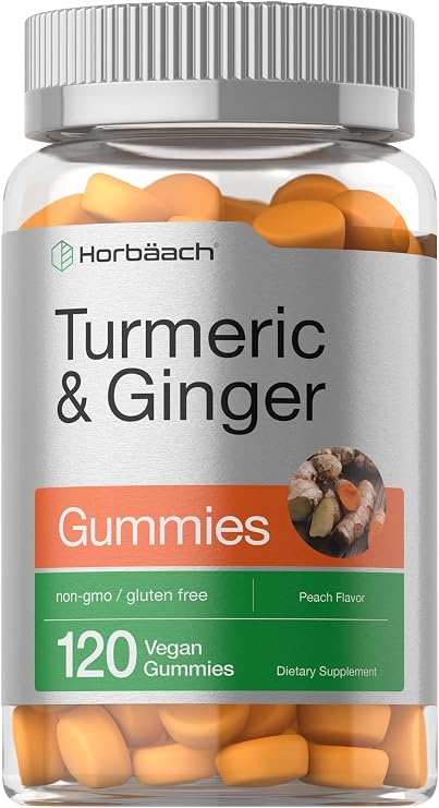 Horbaach Turmeric and Ginger Gummies | 120 Count | Peach Flavor | Vegan Non-GMO & Gluten Free Supplement