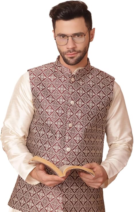 Maple Clothing Men's Indian Waistcoat Nehru Jacket Guest Bandhgala Wedding Vest Outfit Brocade Silk Blend