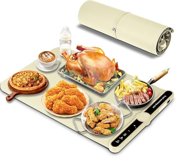 Silicone Warming Mat for Food, Fast Full Surface Heating Electric Warming Tray, 9 Level Temperature Adjustable Warming Kitchen Mat, Roll Up Food Warmer Mat for Countertop, Party, Travel