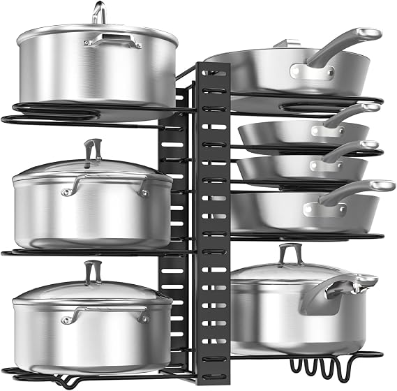 Housolution Pots and Pans Organizer Under Cabinet, 8 Tier Adjustable Pan Organizer Rack with 3 DIY Methods, Heavy Duty Pot Rack Storage Organizer for Inside Cabinet, Black