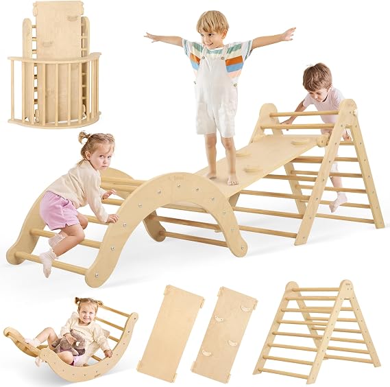 Belleur 7-in-1 Climbing Toys for Toddlers 1-3 Years Old, Foldable Wooden Pikler Triangle Set Indoor, Montessori Climbing Set with Arch, Ramp & Ladder - Natural