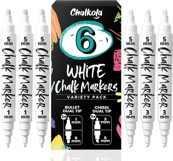 Chalkola 6 White Chalk Markers - Bullet & Chisel Dual Tip (1mm, 3mm, 5mm)