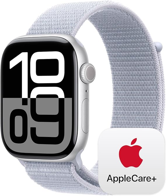 Apple Watch Series 10 [GPS 46mm] with Silver Aluminium Case with Blue Cloud Sport Loop. Fitness Tracker, ECG App, Always-On Retina Display, Carbon Neutral with AppleCare+ (2-years)