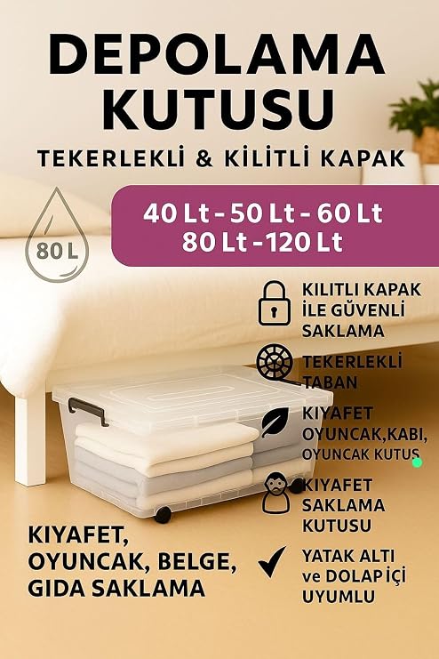80LT Storage Box with Wheels Transparent Organizer Box with 3 Locked Lids Clothing, Toys, Storage White