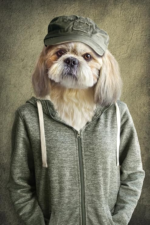 Hipster Shih Tzu Dog Head Wearing Human Clothes Funny Parody Animal Face Portrait Art Photo Cool Wall Art Print Poster 12x18