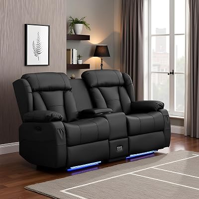 AHMED Power Reclining Loveseat Sofa with Console, Faux Leather Loveseat Recliner Sofa RV Couch with LED Ambient LightingExtended FootrestDrawerHidden StorageUSB Charge Ports, Black