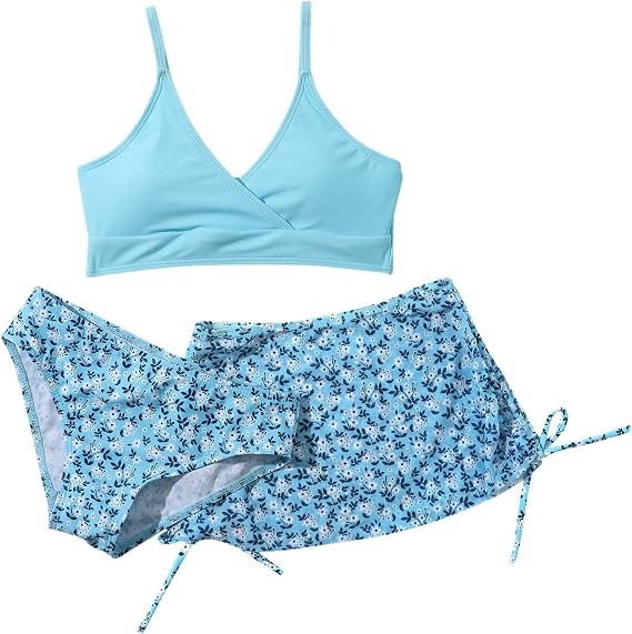 Girl 3 Piece Swimsuit Bathing Suits Cute Small Floral Bikini Set with Cover Up Swimwear Kid Girl Beach Blue