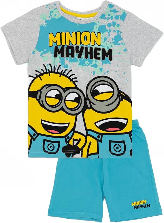 Minions Boys Pajama Set | Kids Grey & Blue Short Sleeve T-Shirt & Shorts Loungewear PJs Outfit Bundle | Despicable Me Pajama