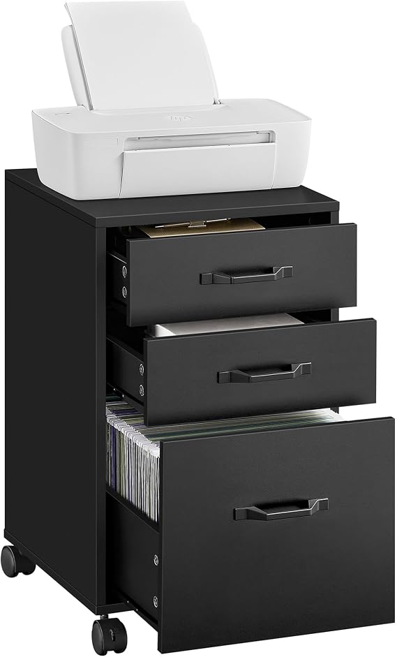 VASAGLE CUSTOS Collection - Mobile File Cabinet, 3 Drawers Filing Cabinet with Wheels, for Home Office, for A4, Letter Sized Documents, Adjustable Hanging Rail, Ink Black UOFC065BC01