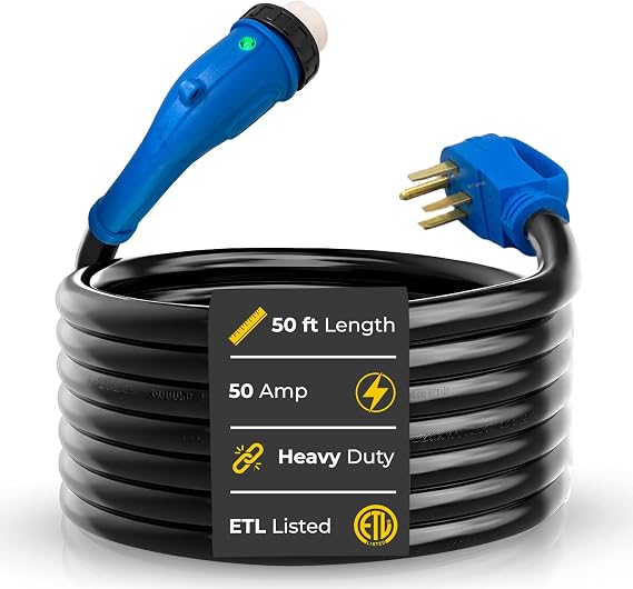 50 Amp RV Extension Cord/ 50-amp Generator Cord with SS2-50 Twist Lock and Indicator Light. NEMA 14-50 RV Power Cable with SS2-50 Twist Lock & Indicator Light. Great for RVs, and Generators. (50ft)