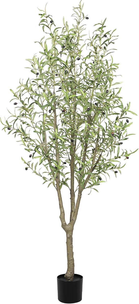 7FT Faux Olive Tree for Artificial Olive Tree Floor Plants Indoor Decor | 7 Feet Tall Fake Olive Tree Natural Wood Trunk & Dense Leaves and Lifelike Fruits for Home Living Room Office Apartment Decor