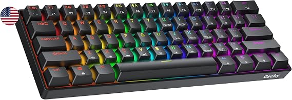 Geeky GK61 60% | Hot Swappable Mechanical Gaming Keyboard | 61 Keys Multicolor RGB LED Backlight for PC/Mac Gamers | ANSI US American Layout Black, Mechanical Speed Silver