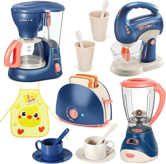 Kids toys play kitchen set with kids coffee machine,blender toy,mixer,toaster for 3+ year old boys and girls birthday presents