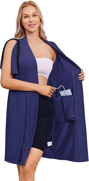 Deyeek Women's Post Surgery Mastectomy Robe with 4 Internal Drain Pockets Short Sleeve Adaptive Nightgowns Pajama Dress Shirt
