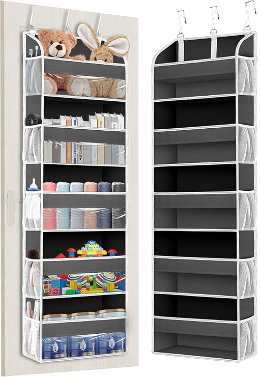 TAHAVICE Over the Door Organizer Storage, 5 Large & 10 Mesh Pockets | Hanging Organizer Closet College Dorm Essentials for Girls, Storage for Dorm Organization, Nursery & Bedroom (Dark Grey)