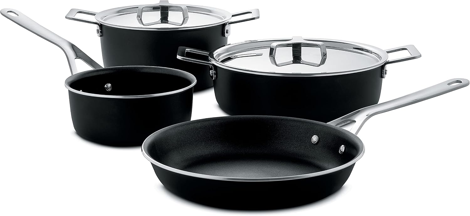 Alessi AJM100S6 A Pots&Pans Cookware Set Composed, Low Casserole with Two Handles, Saucepan, Frying pan in Aluminum with Non-Stick Interior, 2 Lids in 1810 Stainless Steel, One Size, Black