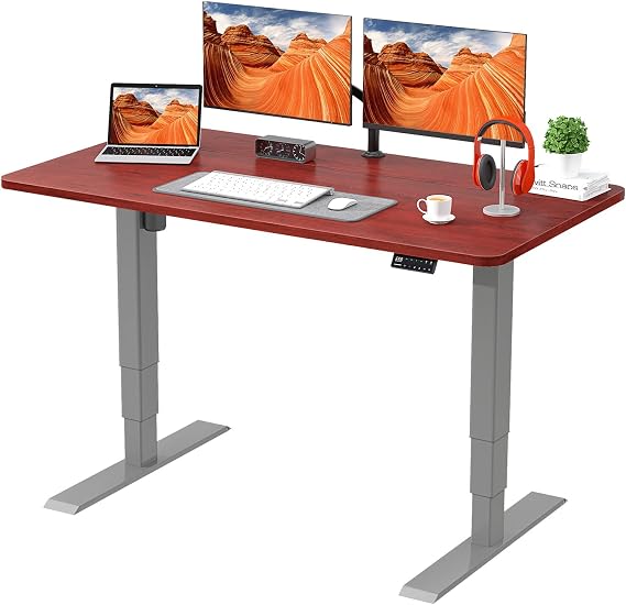 Height Adjustable Sit Stand Desk Electric Standing Desk 55 x 28 Inches Stand Up Desk for Home Office, Grey Frame/Mahogany Top
