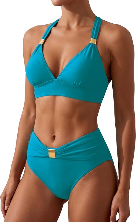 swimall Womens High Waist Triangle Bikini Set Ruched Swimsuit Gold Metal Two Piece Crisscross Back Bathing Suit