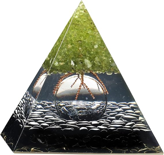 Handmade Peridot Tree Pyramid with Glass Ball Positive Energy Generator for Chakra Balancing, Tumbled Black Obsidian Stone Chips Orgone Pyramid for Home Office Decor