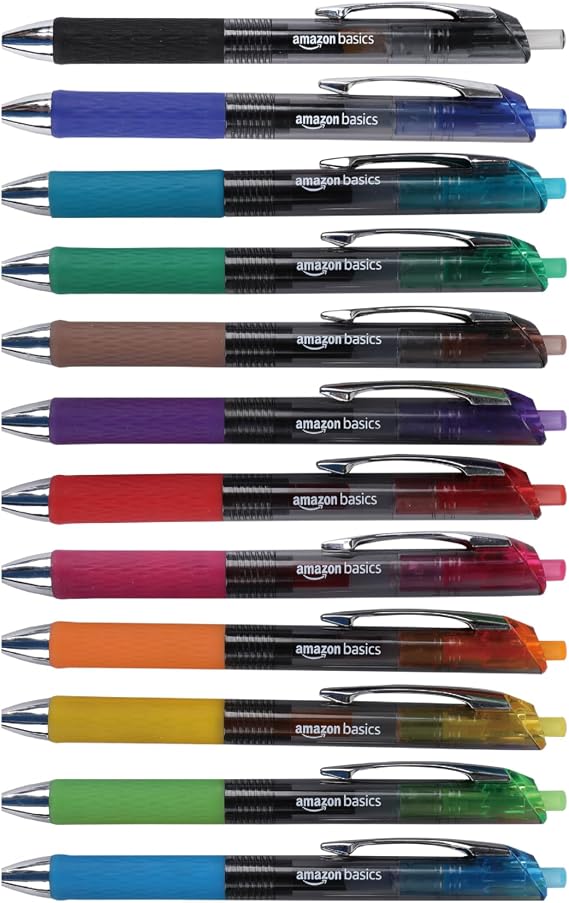 Amazon Basics Retractable Gel Pens, Fine Point 0.7mm, Smooth Writing, Assorted Colors, 12-Pack
