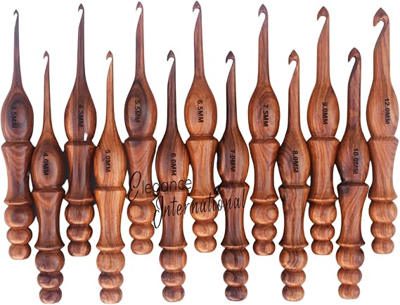 Wooden Crochet Hooks Set of 13-3.5mm to 12mm - Rosewood Crochet Hooks for Arthritic Hands - for Crocheting & Knitting - Ergonomic Soft Grip Handle Crochet Hooks - Gifts for Her(Hooks,Bowl,Stand)
