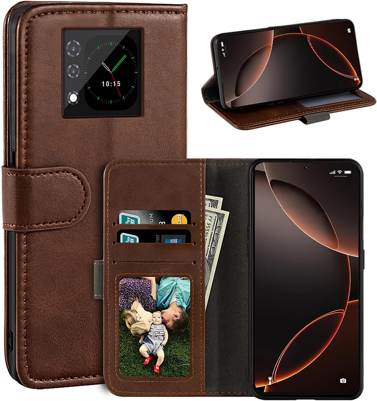 Leather Flip Cover Compatible with Unihertz Titan 2 2025 Wallet Case with Card Slots, Magnetic Closure, Kickstand and RFID Shockproof Folio Dark Brown