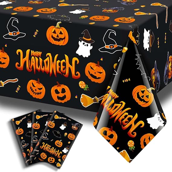 3 Pack Halloween Tablecloth Rectangle 54" x 108" Plastic Table Cloth Disposable Black Camping Table Cover Decorations Cute Pumpkin Ghost Scary Spooky Indoor Outdoor Waterproof Birthday Party Supplies