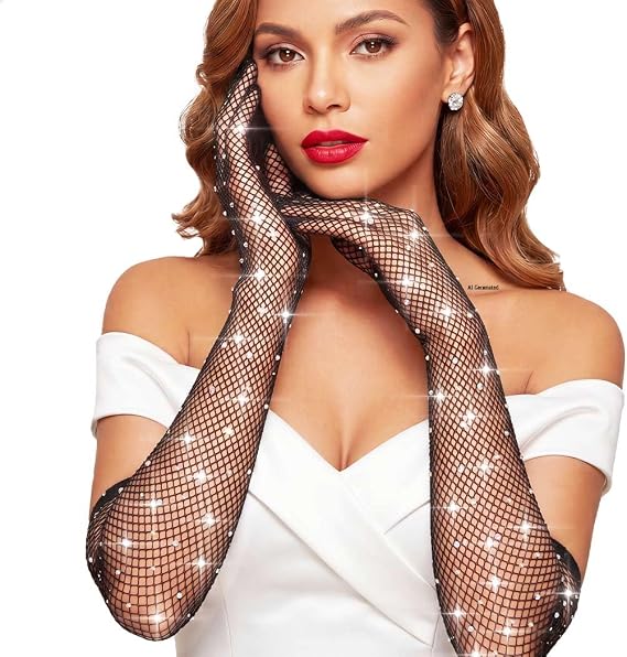 Mesh Rhinestone Long Gloves Sparkly Costume Gloves for Women