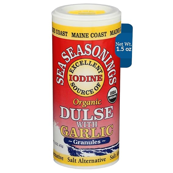 Maine Coast Sea Vegetables Organic Dulse Granules With Garlic Shaker - Seaweed Seasoning - Rich in Iodine - North Atlantic Harvested - Great for Salads,Soup & Smoothies - 1.5 oz (Pack of 1)