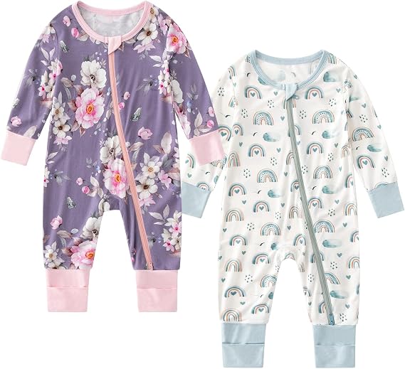 OPAWO Bamboo Sleepers for Baby Girl Pajamas Double Zipper Onesies Romper | 2 way zipper sleepers, baby long sleeve onesies with mitten cuffs, convertible footie, gentle on skin, ultra soft,breathable