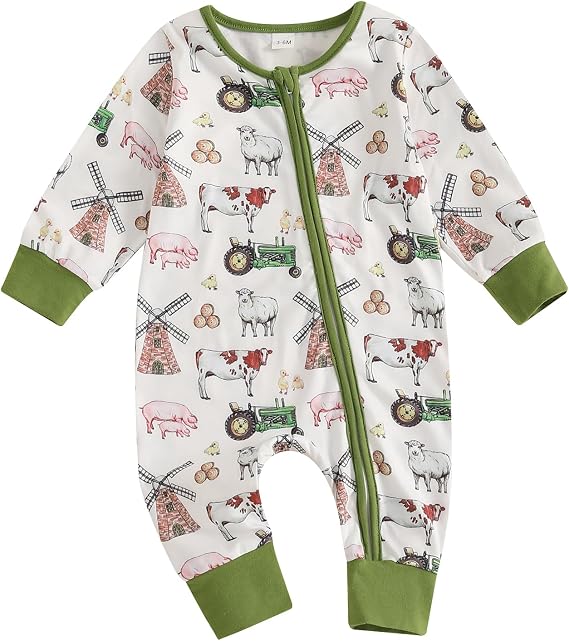Chloefairy Newborn Baby Boy Farm Clothes Tractor Country Animal Long Sleeve Romper Zipper Jumpsuit One Piece Fall Outfit