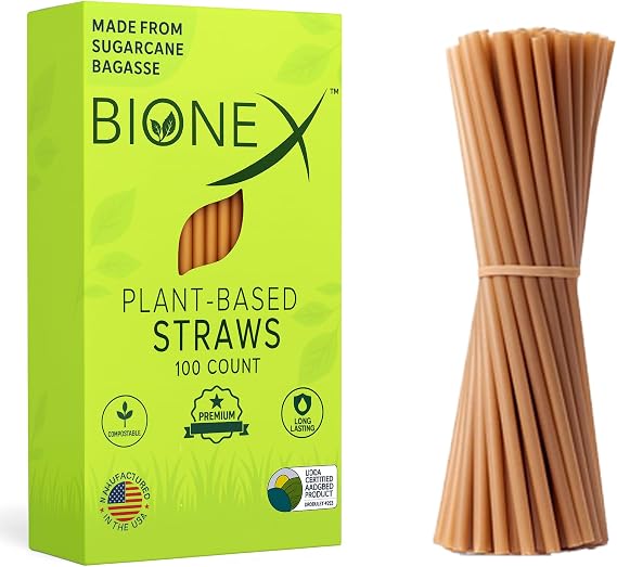 Bionex 8 Sugarcane Straws, 100 Count Biodegradable & Compostable Disposable Drinking Straws, Made in USA, Plastic & Paper Straw Alternative for Cold Drinks, Coffee, Cocktails & Everyday Use