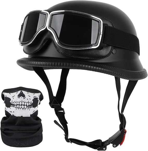 German Style Motorcycle Helmet, DOT Approved Adult Men Women Half Helmet, Skull Cap Half Shell Helmet with Goggles, for Street Bike Cruiser Moped Scooter Chopper