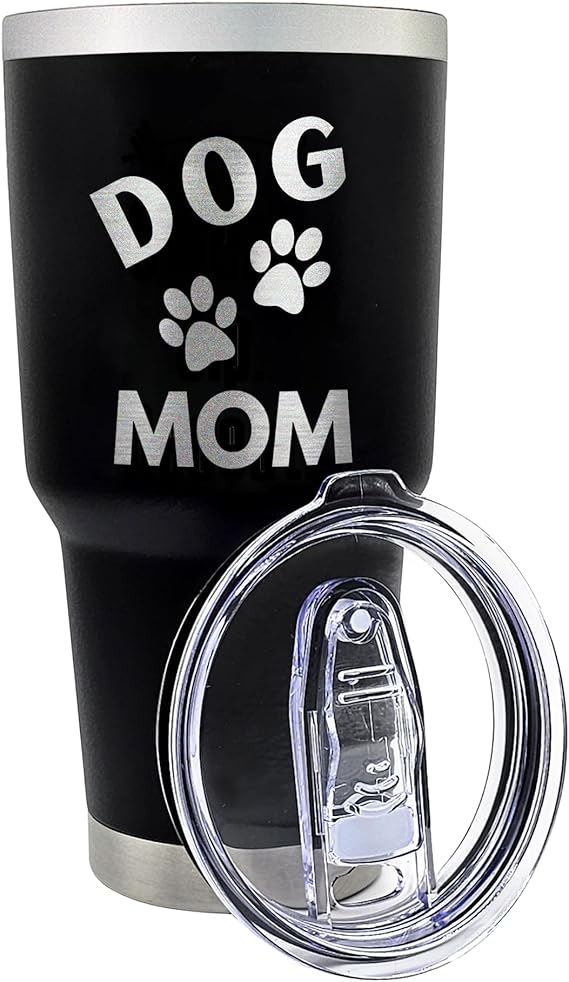 Palm City Products Dog Mom Tumbler 30 oz Black - Engraved Stainless Steel Dog Lover Coffee Cup - Vacuum Sealed Pet Mom Drinkware - Dog Owner Travel Mug - Dog Mom Gift Ideas
