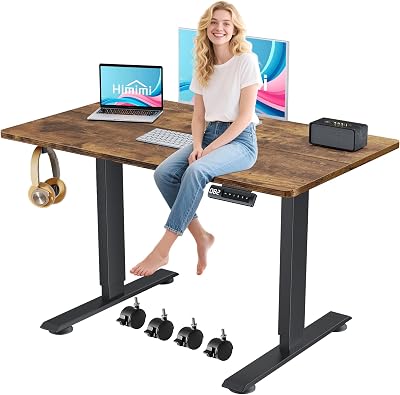 Himimi Electric Standing Desk 48 x 24 inch for Home Office,Sit-Stand Adjustable Desk with Memory Presets,Height Adjustable Desk for GamingWorking,Free Hook, Lockable Wheels,Brown