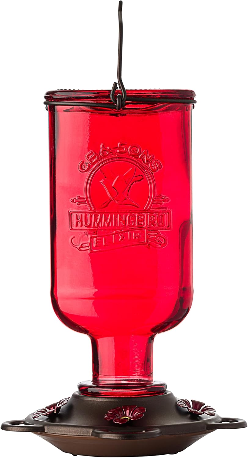 More Birds Hummingbird Feeder, Glass Hummingbird Feeders, Red, 5 Feeding Stations, 13-Ounce Nectar Capacity, Elixir Bottle