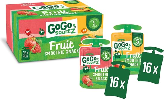GoGo squeeZ Fruit Pouches, Apple Strawberry, Multifruit 32x90g, Kids Snacks