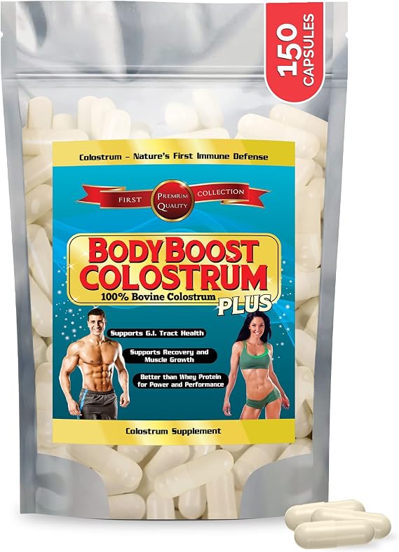 BodyBoost Colostrum Capsules Bovine Colostrum Supplement, Lactoferrin & Immunoglobulins Gut, Immune Support, Muscle Recovery First Milking, Grass Fed, USA 500mg, 150 Capsules (50 Servings)
