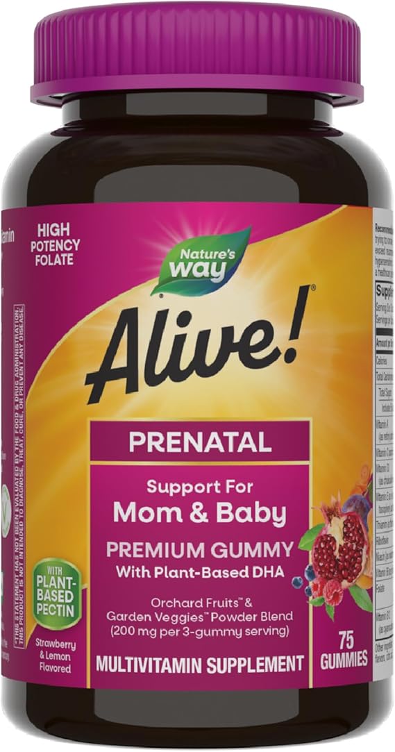 Nature's Way Alive! Prenatal Premium Gummy Multivitamin, High Potency Folate, Plant-Based DHA, Vegetarian, Strawberry and Lemon Flavored, 75 Gummies